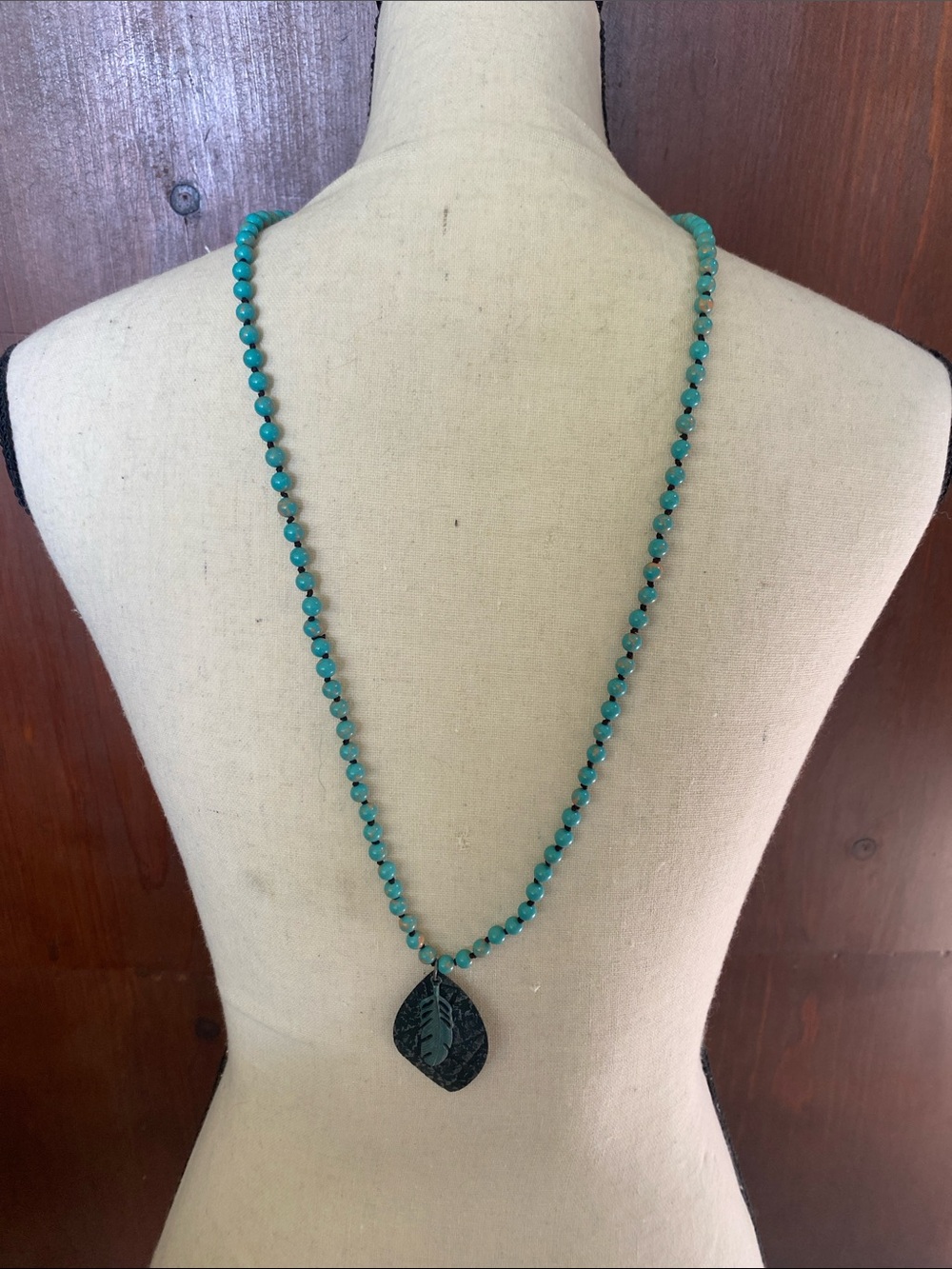 Bohemian southwestern stone Beaded Leaf Pendant long round stones Necklace